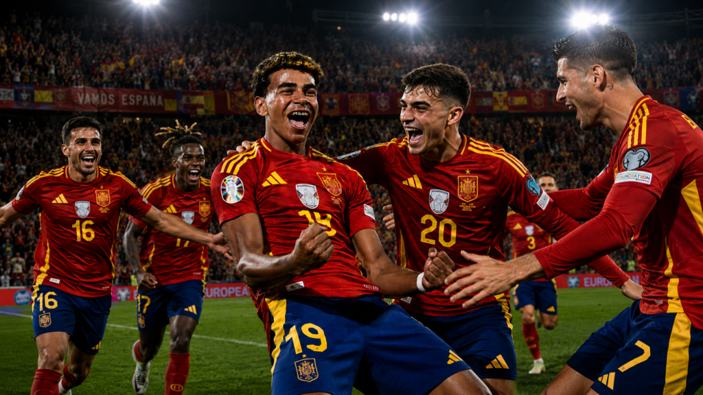 Jugador español en acción durante un partido nocturno, con luces de estadio y ambiente competitivo al fondo.