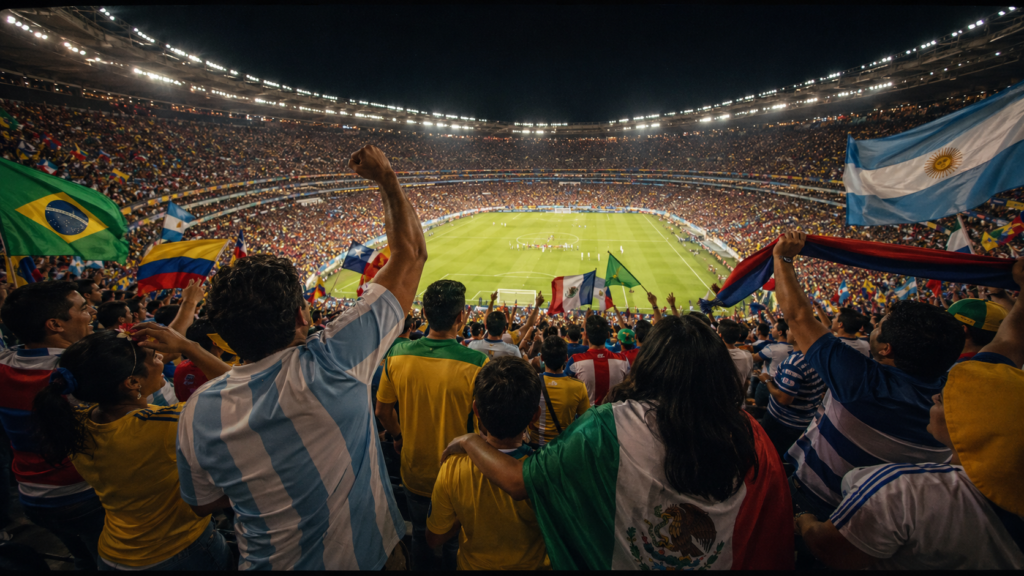 Grada de estadio llena de aficionados con banderas latinoamericanas bajo luces nocturnas.