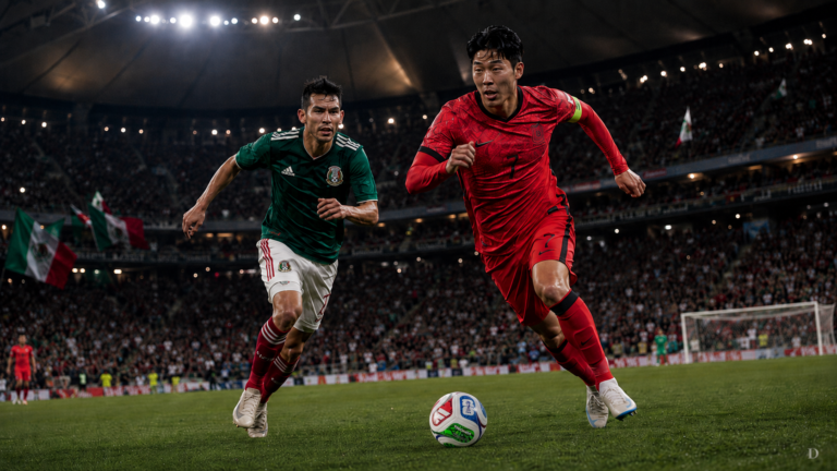 Jugador de México conduciendo el balón mientras un futbolista de Corea del Sur lo persigue en un estadio nocturno.