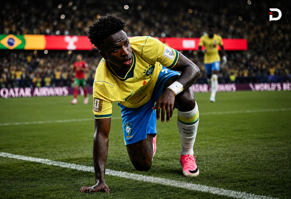 Vinícius Júnior arrodillado sobre el césped con la camiseta de Brasil, mirando hacia un lado durante un partido con el estadio desenfocado al fondo.